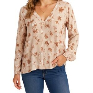 Oddi‎ Beige Brown Floral Blouse Womens Large V Neck Long Sleeve Boho Fall Top